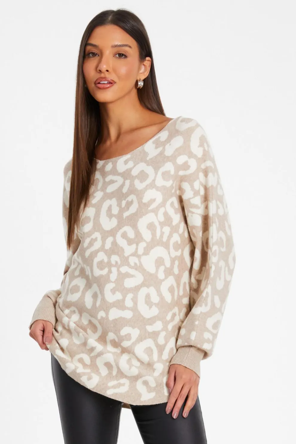 Stone Leopard Print Knit Batwing Jumper