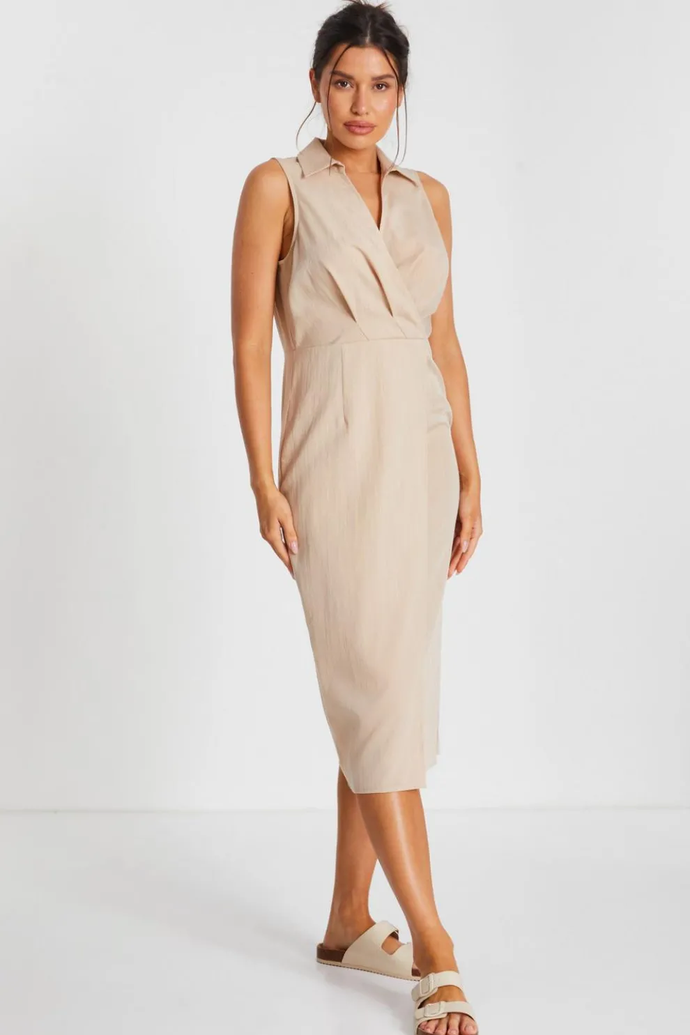 Stone Linen Look Midi Shirt Dress