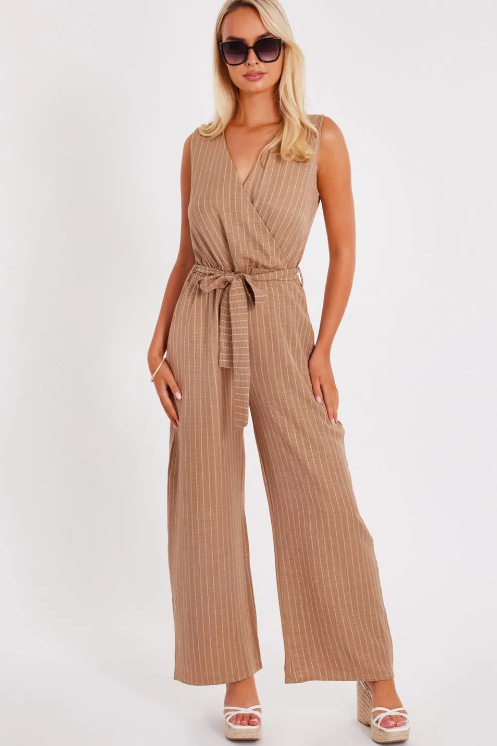Stone Linen Striped Jumpsuit