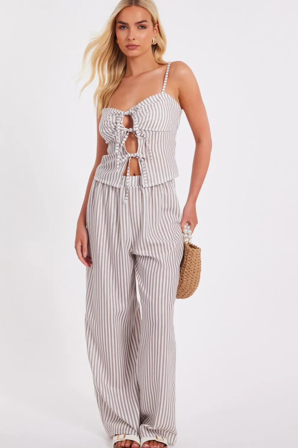 Stone Striped Wide Leg Trousers