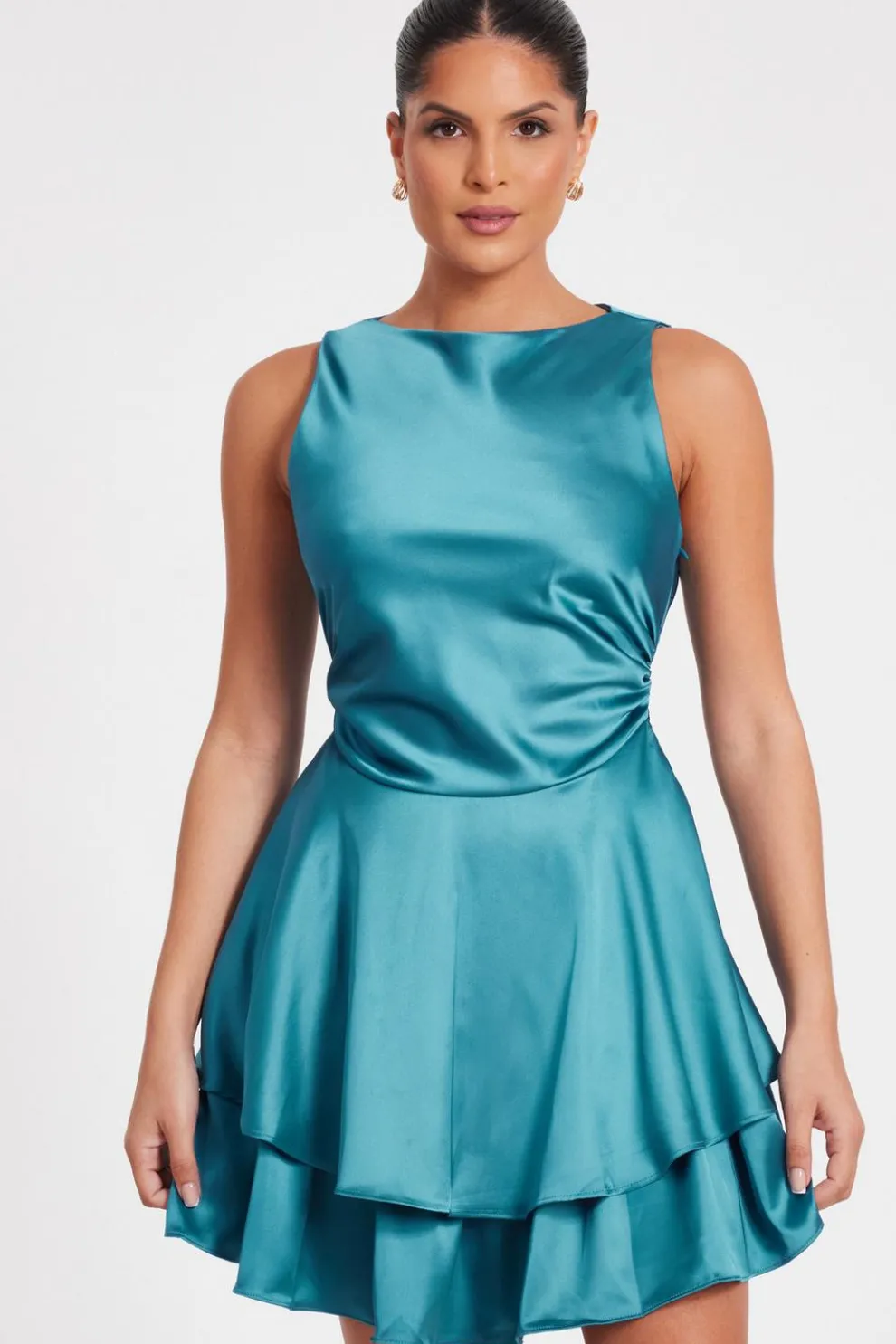 Teal Satin Frill Skater Dress