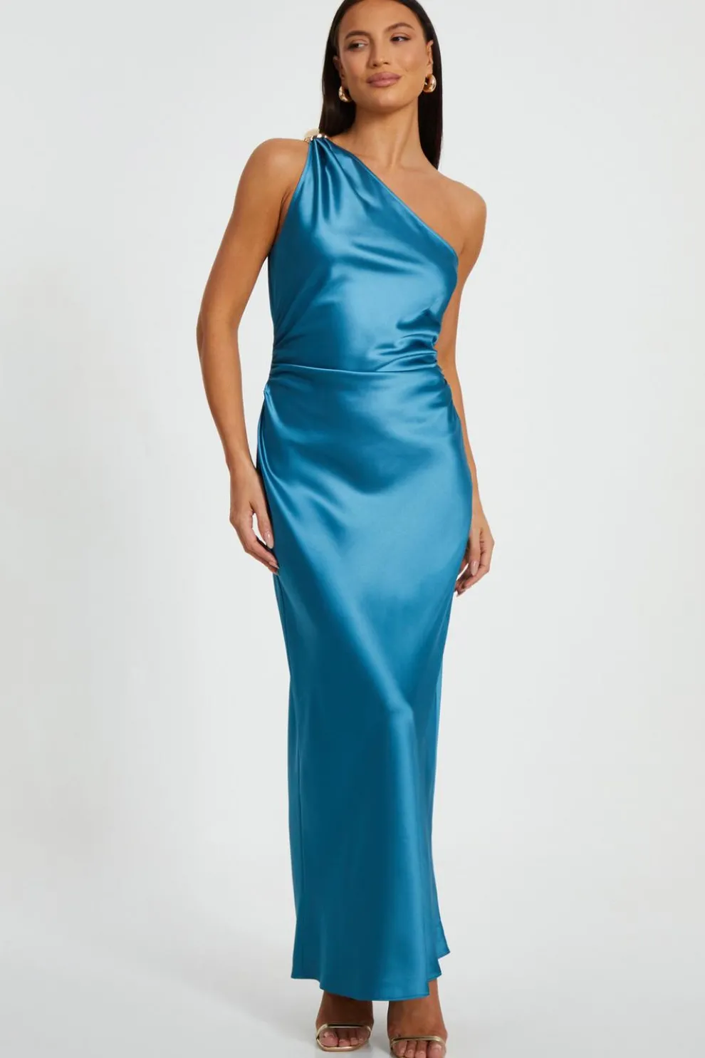 Teal Satin One Shoulder Midaxi Dress
