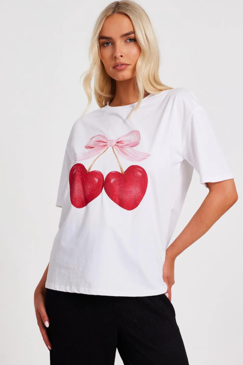 White Cherry Print Boxy Top