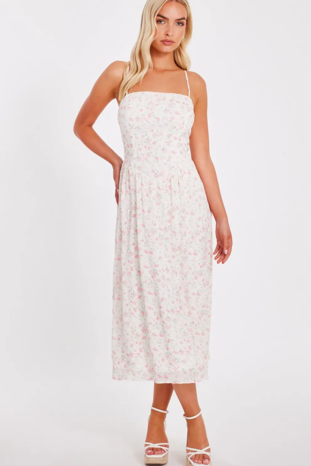 White Chiffon Floral Midi Dress