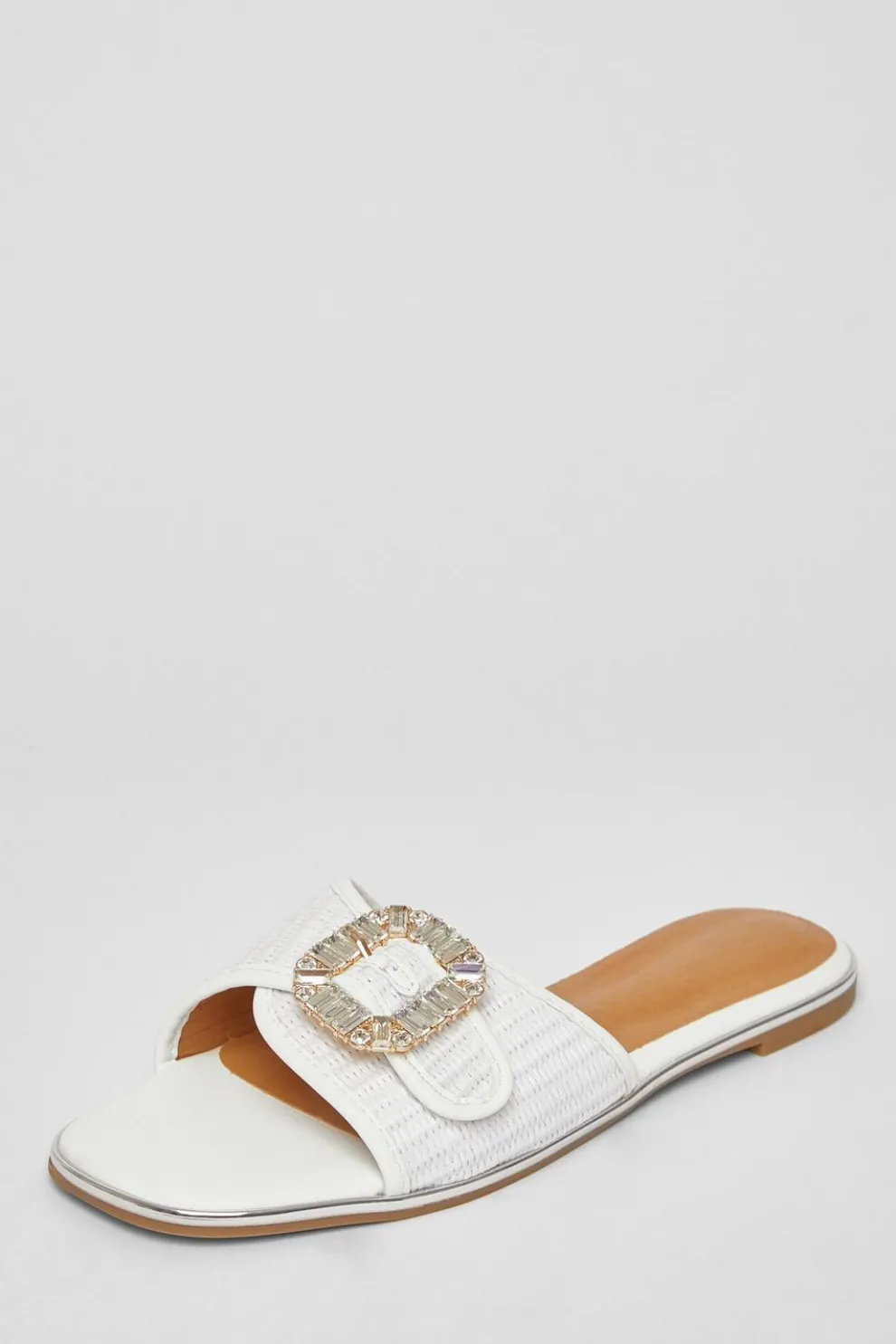 White Diamante Buckle Flat Sandals