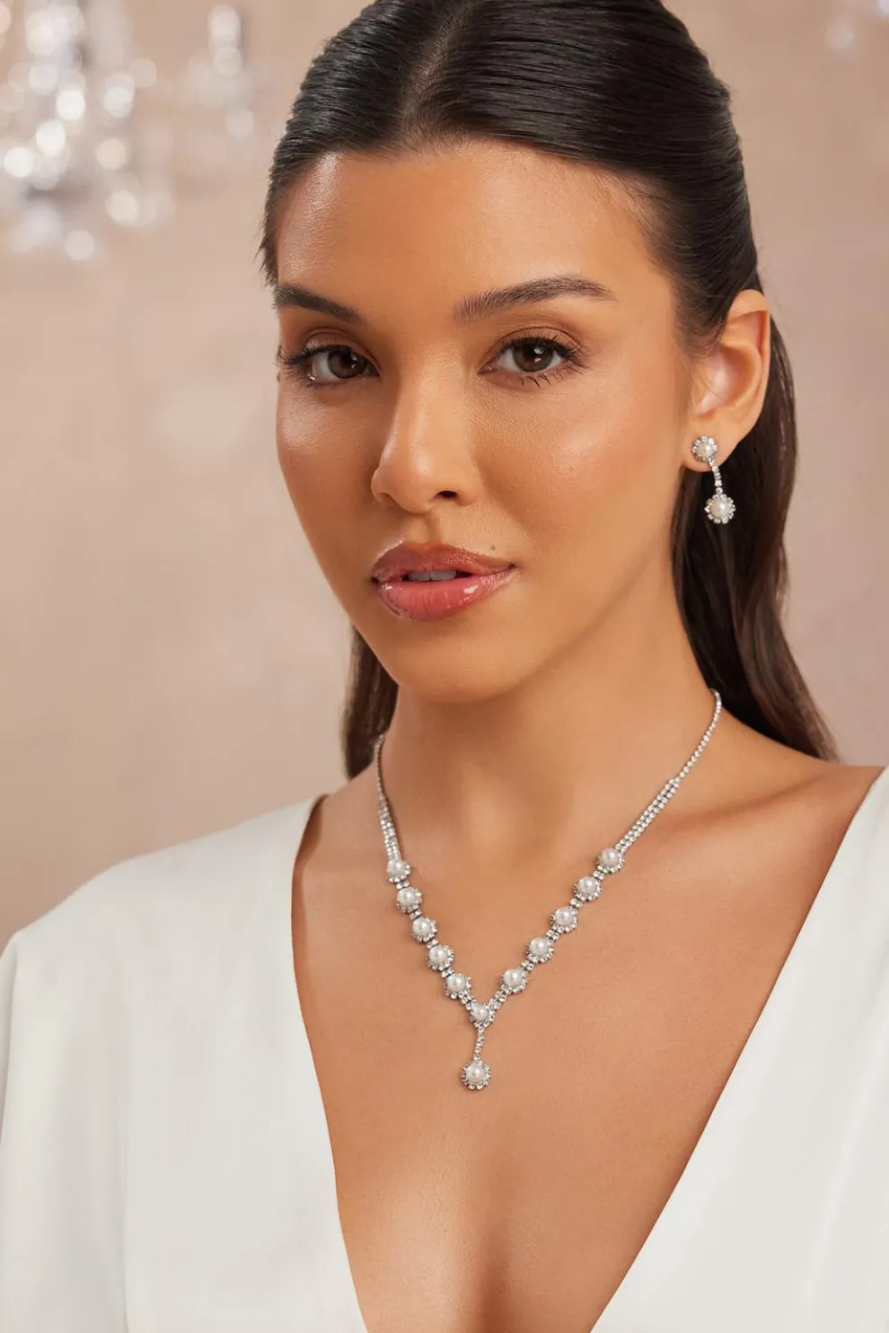 White Diamante Pearl Jewellery Set