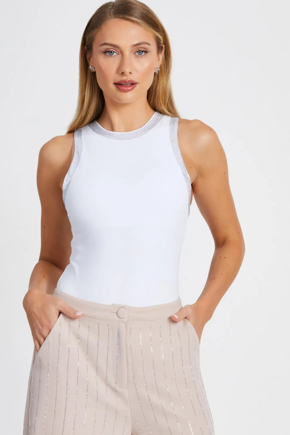 White Diamante Trim Bodysuit
