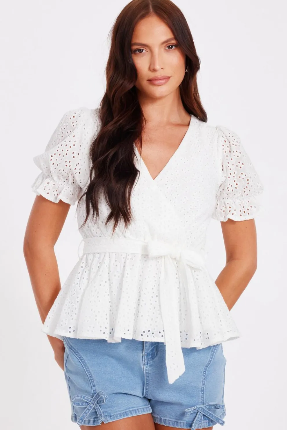 White Embroidered Peplum Top