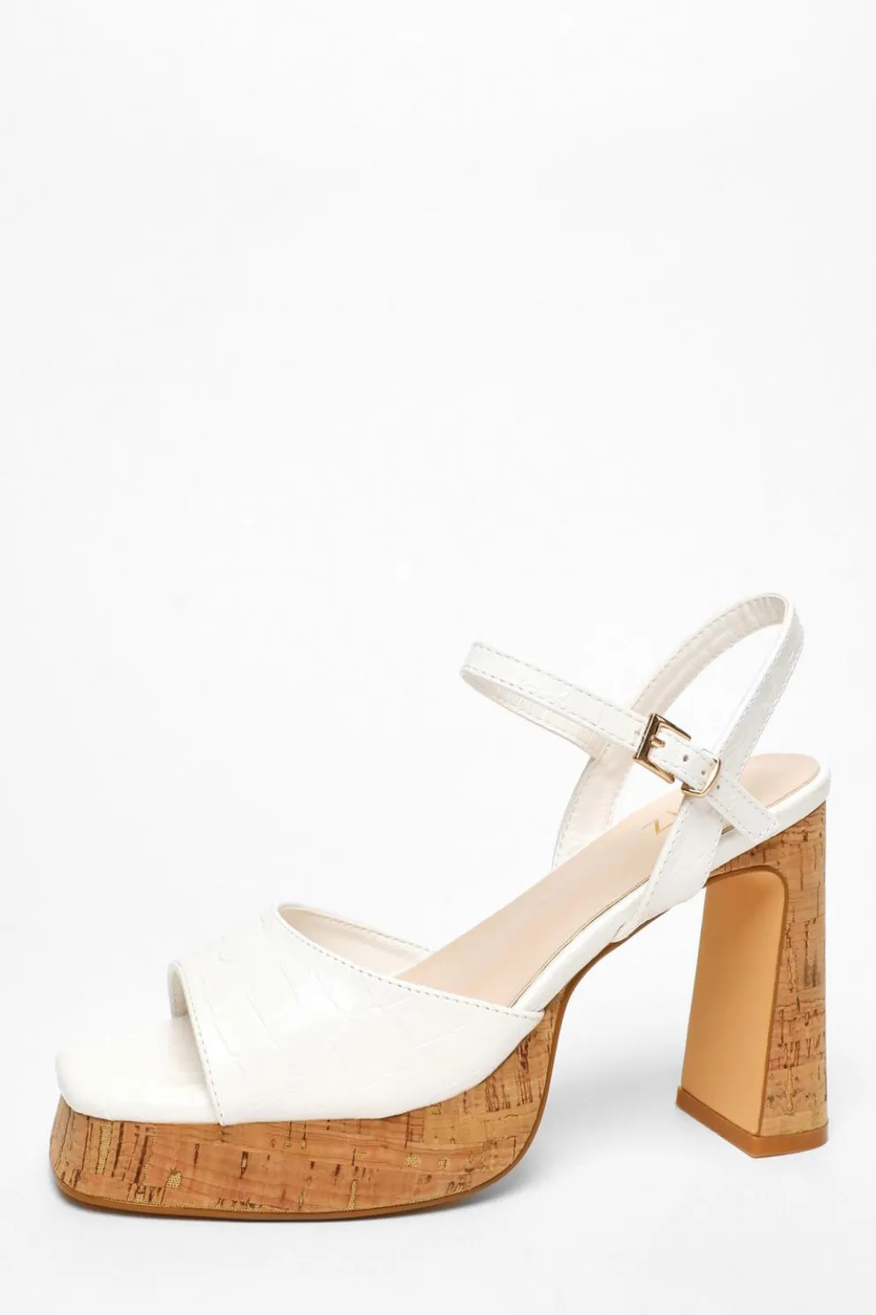 White Faux Leather Cork Platform Heeled Sandals