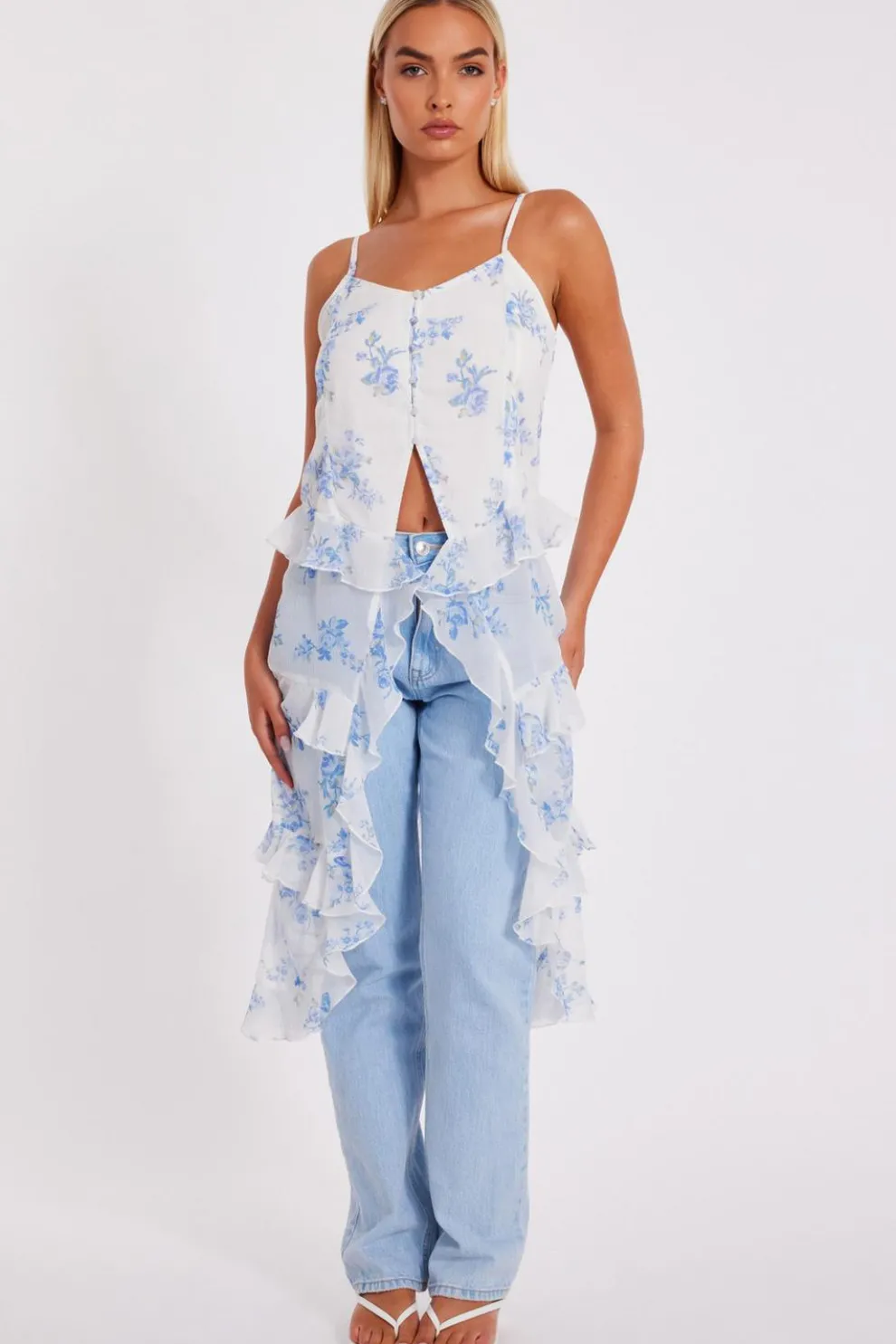 White Floral Long Ruffle Top