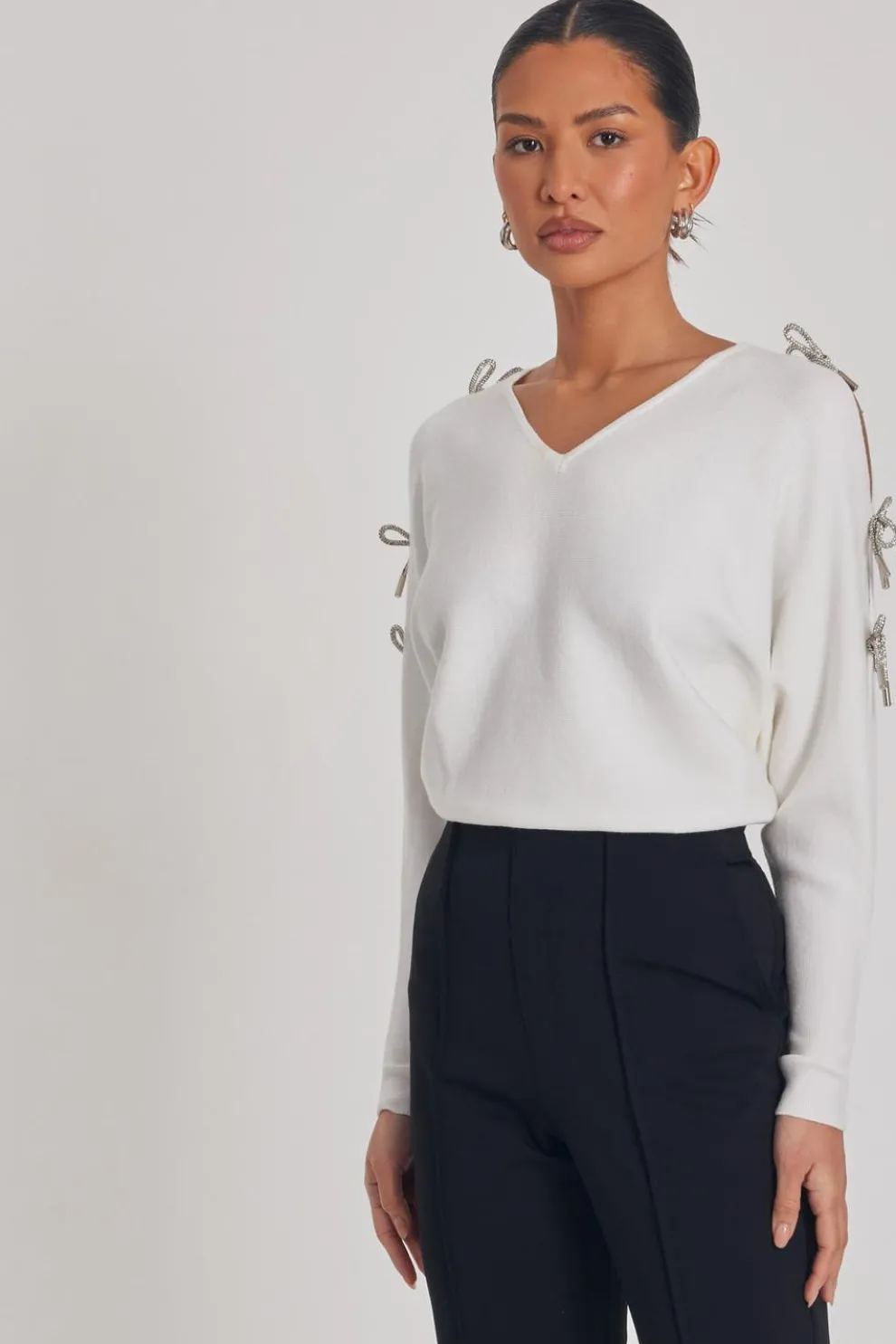 White Knitted Diamante Bow Jumper