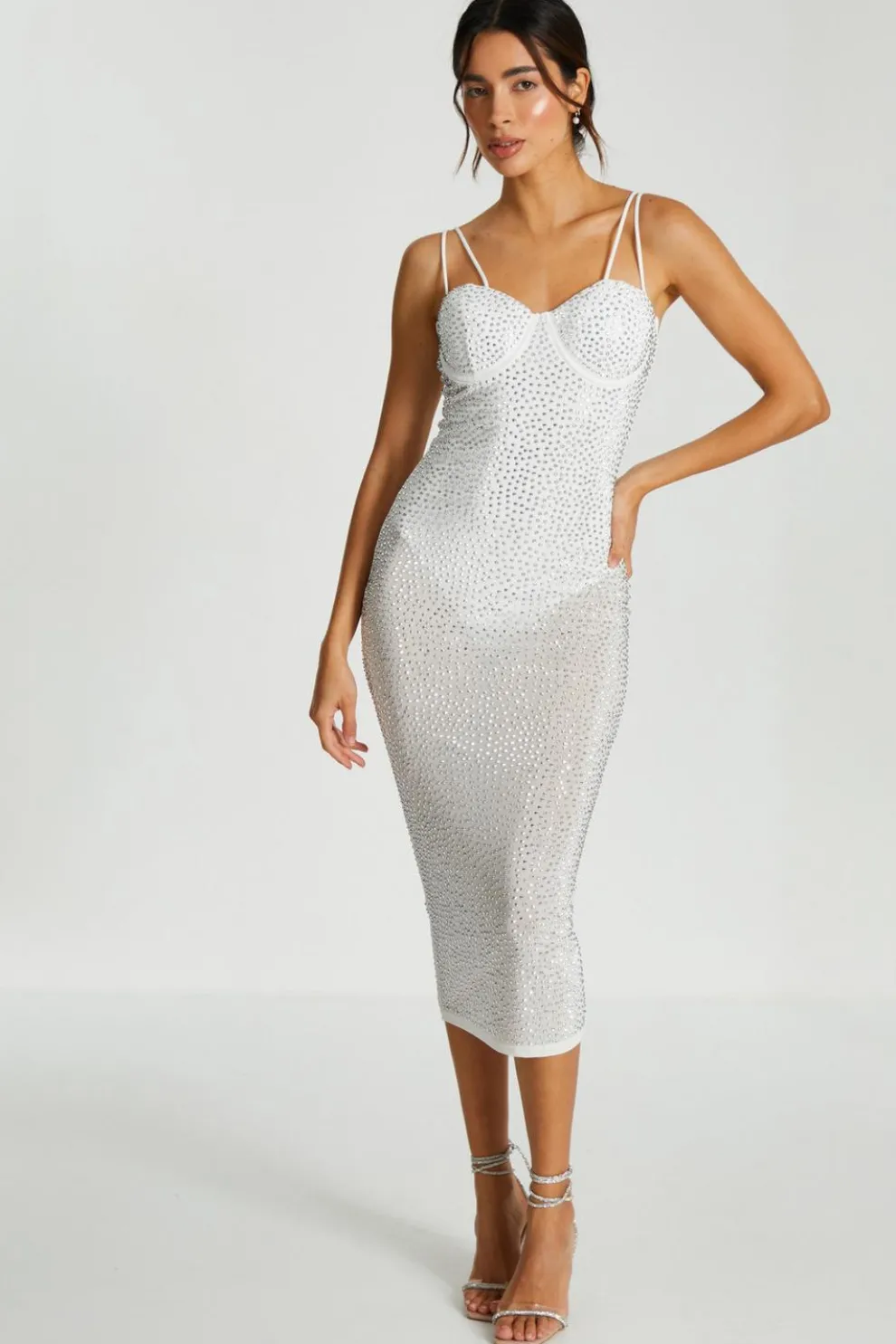 White Rhinestone Bodycon Midi Dress