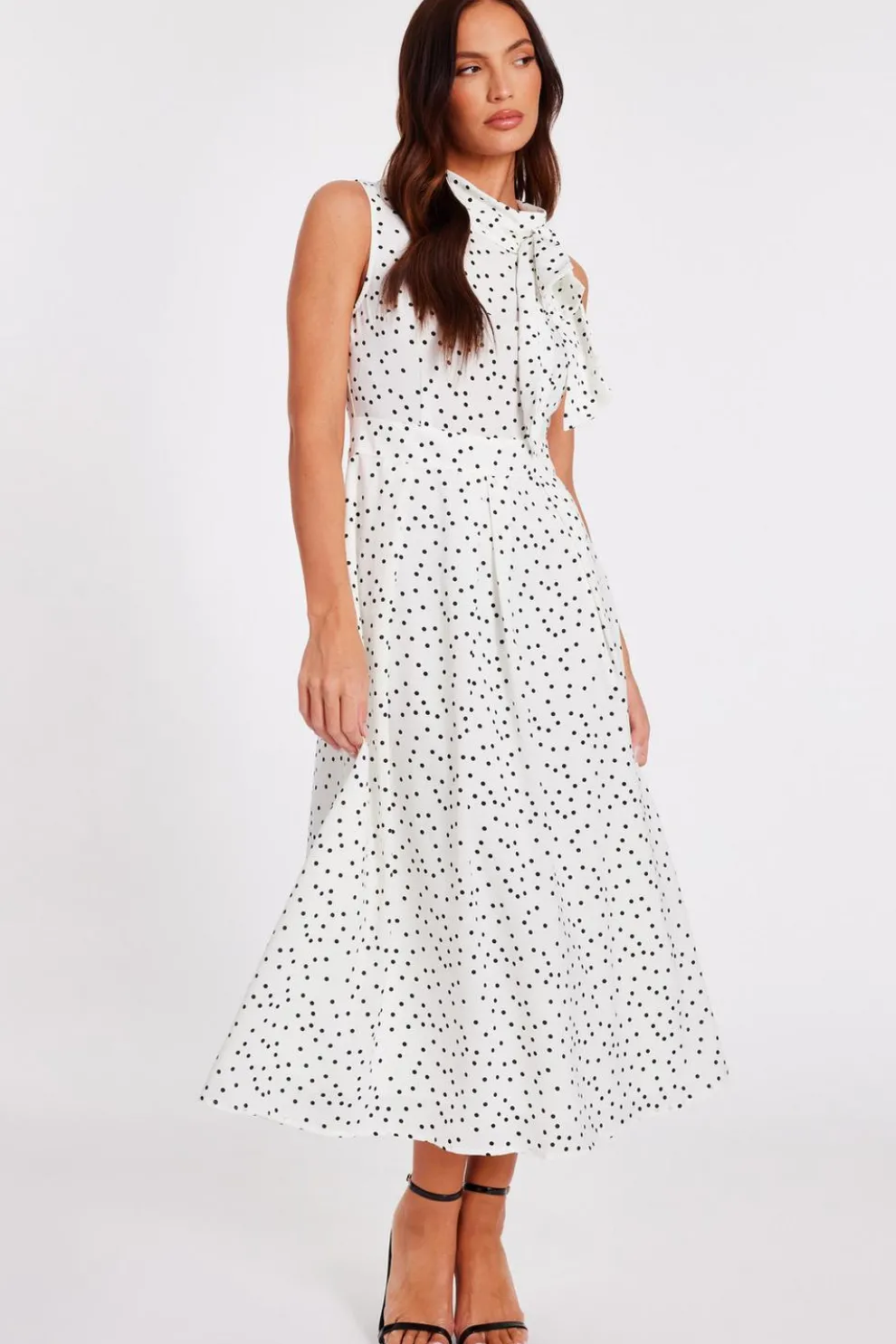 White Tie Neck Polka Dot Midaxi Dress