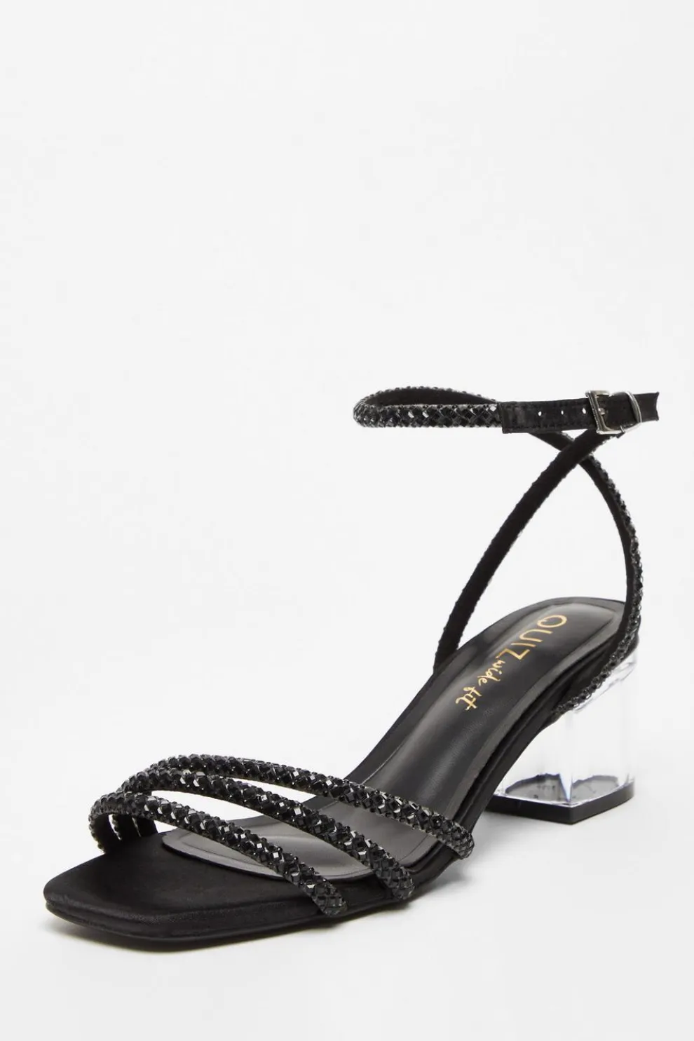 Wide Fit Black Diamante Low Heeled Sandal