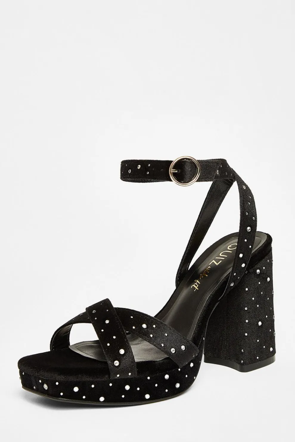 Wide Fit Black Diamante Block Heels