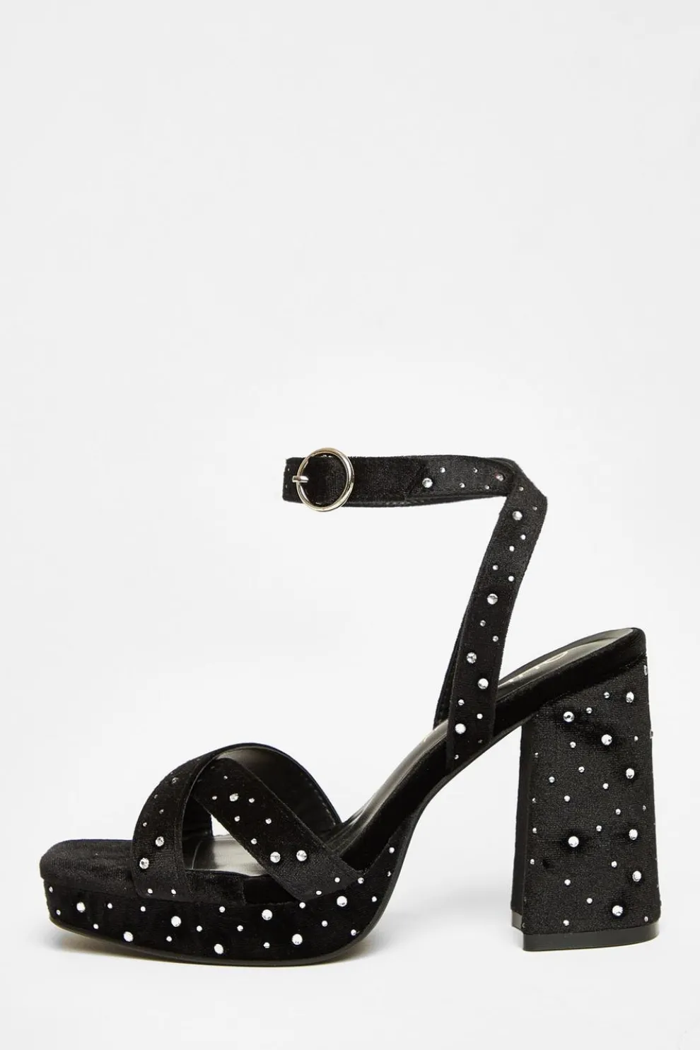 Wide Fit Black Diamante Block Heels