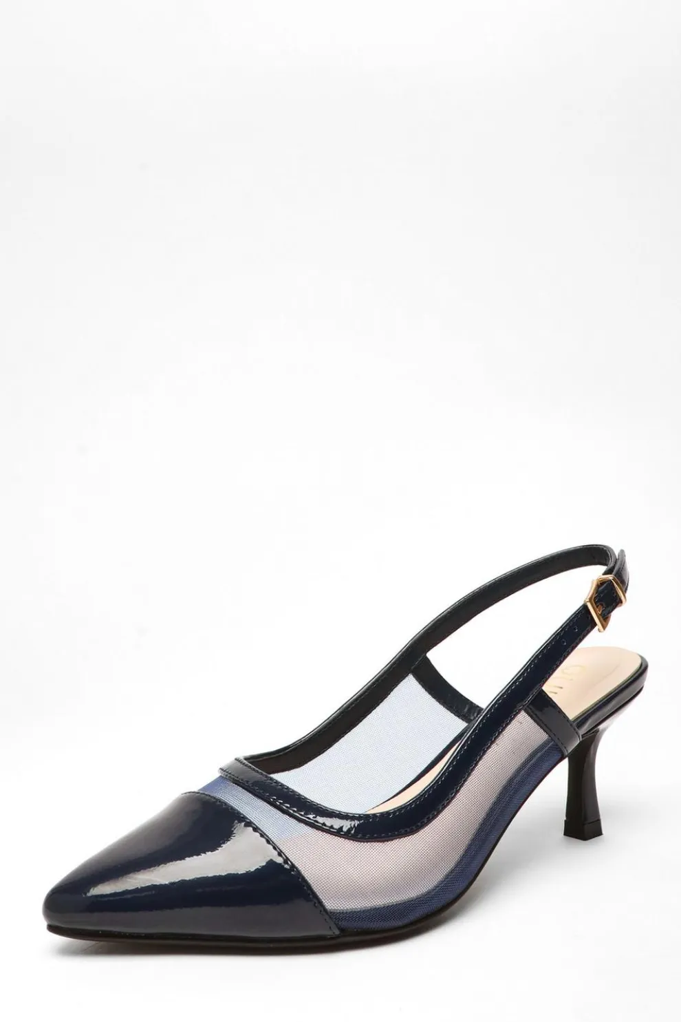 Wide Fit Navy Faux Leather Mesh Low Block Heel