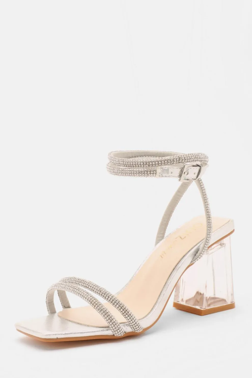 Wide Fit Silver Diamante Clear Block Heeled Sandals