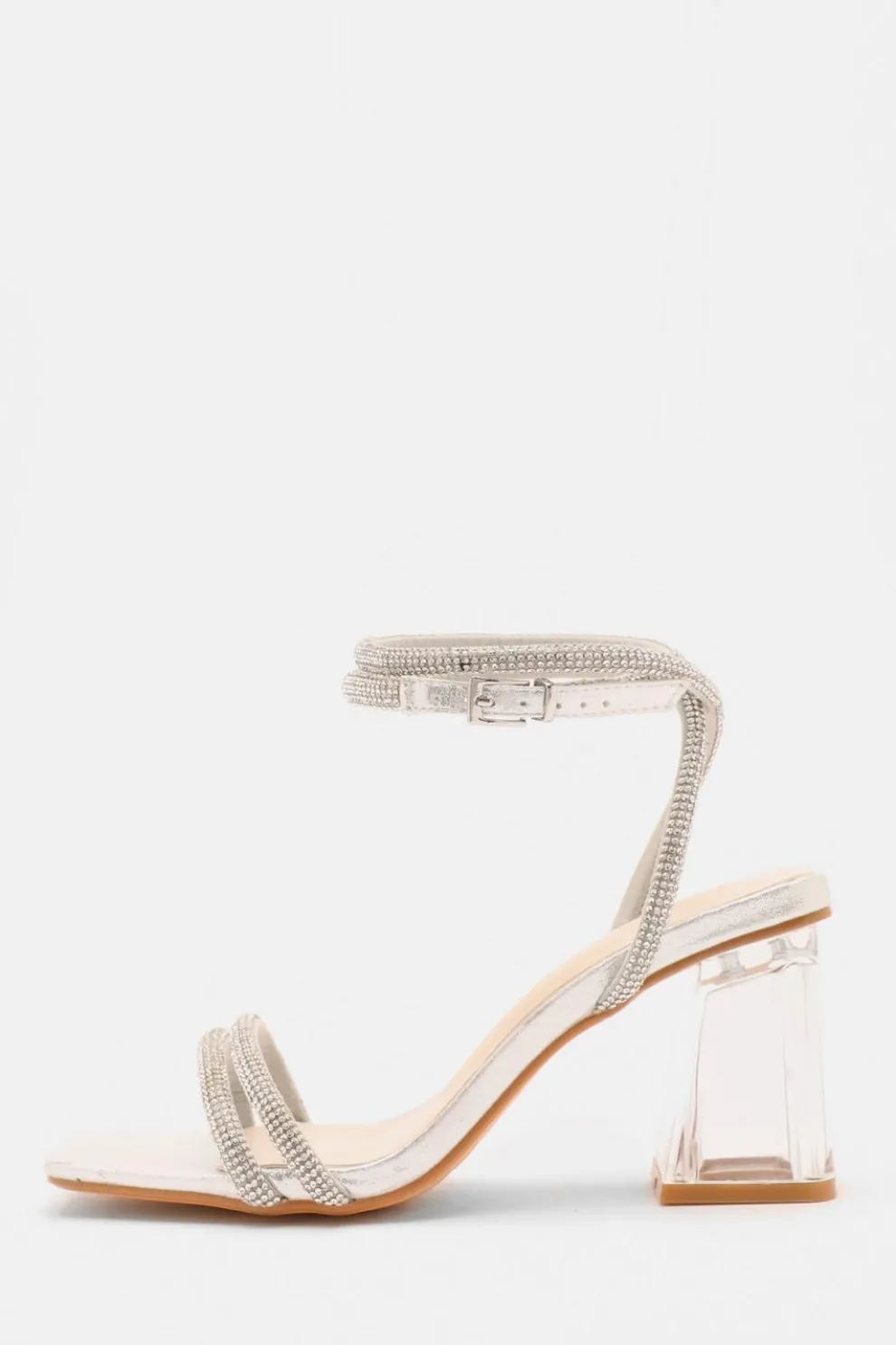 Wide Fit Silver Diamante Clear Block Heeled Sandals