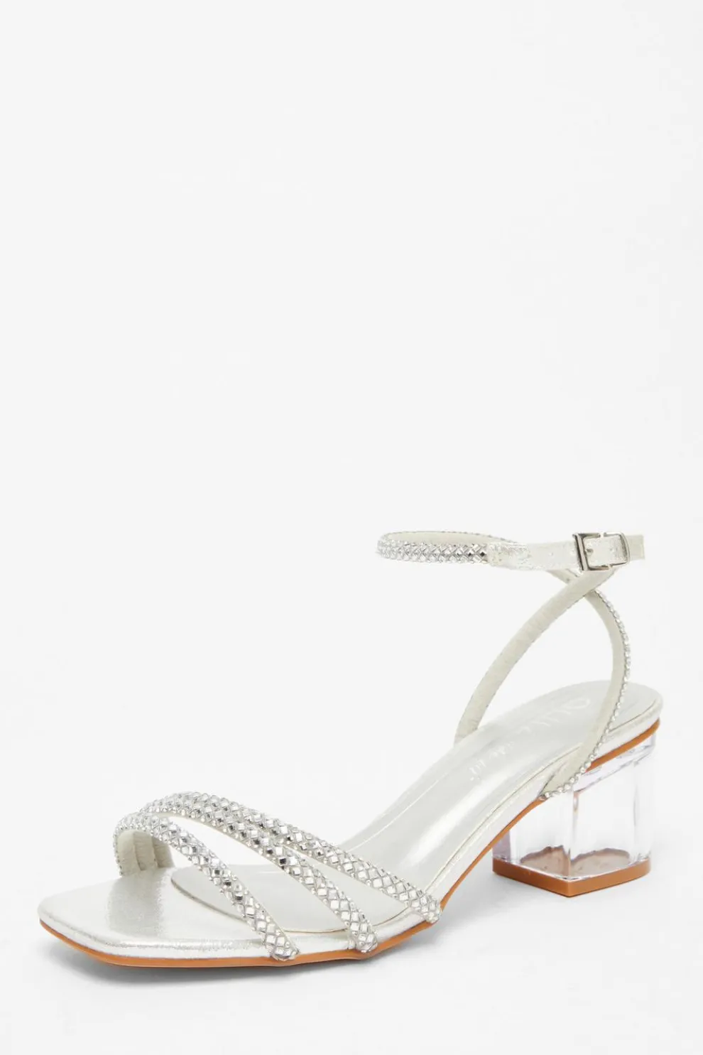 Wide Fit Silver Diamante Low Heeled Sandal