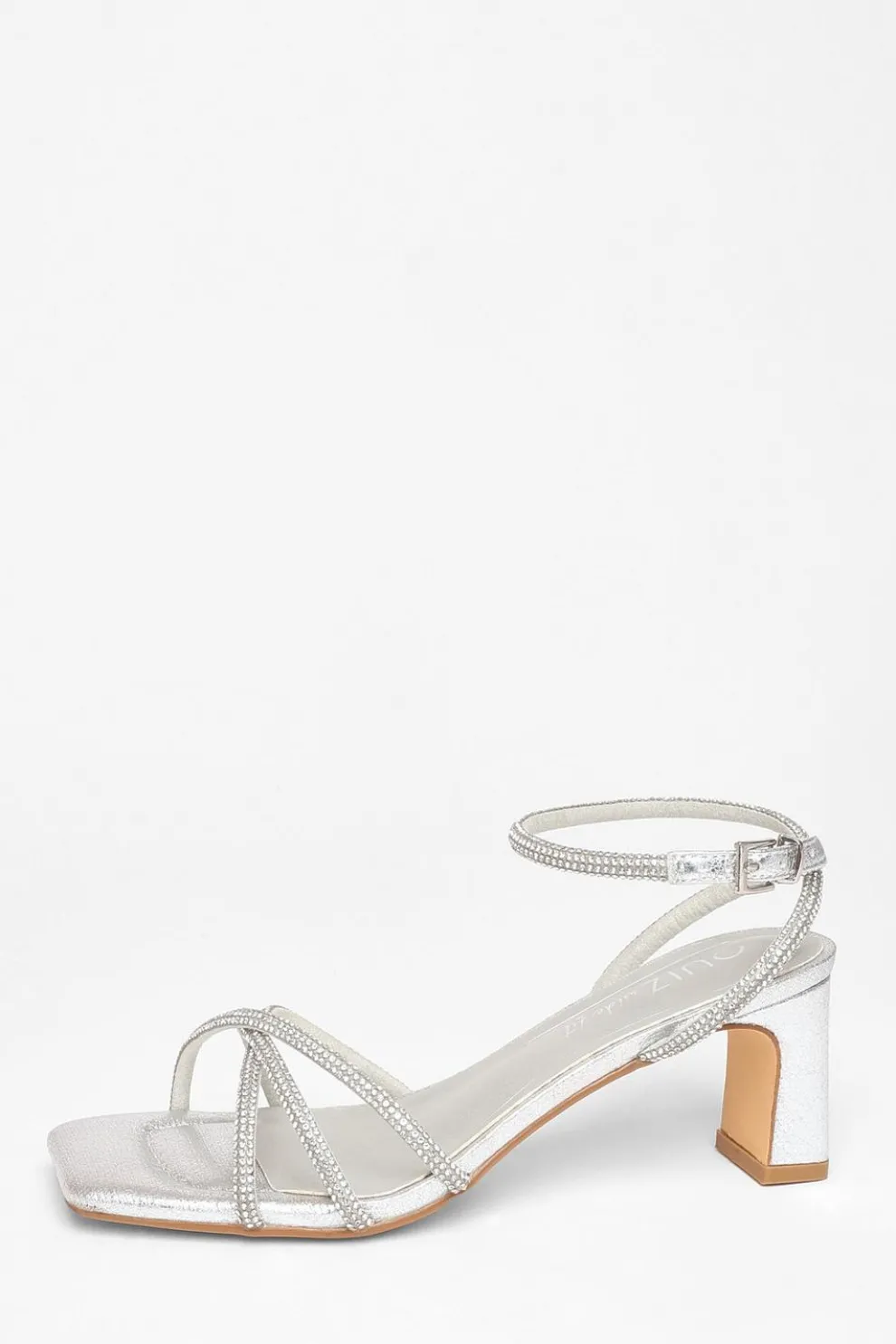 Wide Fit Silver Diamante Strap Block Heels