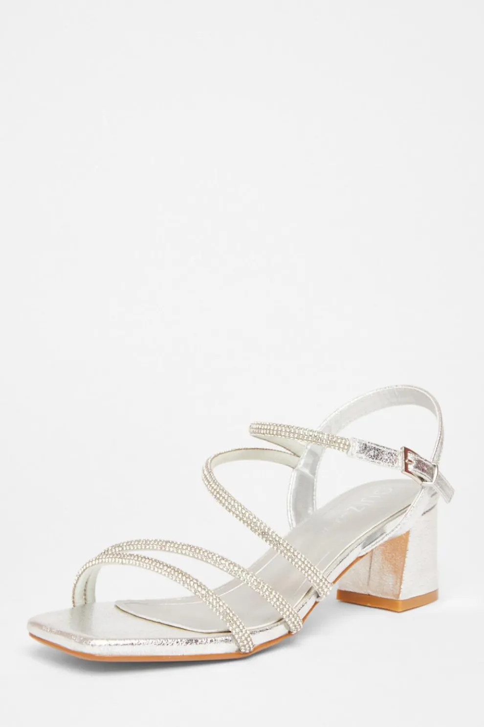 Wide Fit Silver Diamante Block Heels